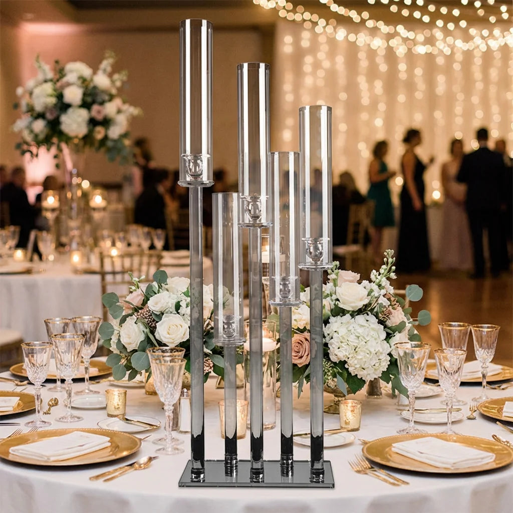 Tall Clear Crystal Candle Holder Multi-head Glass Candlestick With Rectangular Base for Party Wedding Decoration