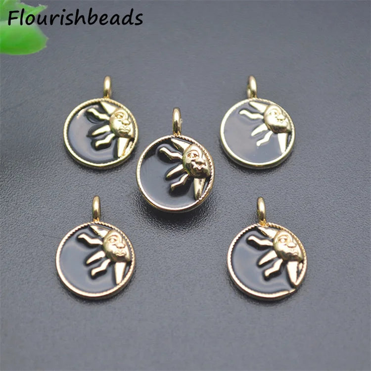 New Style Nickel Free Color Remain 18K Gold Plated Black Enamel 11x14mm Round Moon Face Charms for Earring Bracelet Making