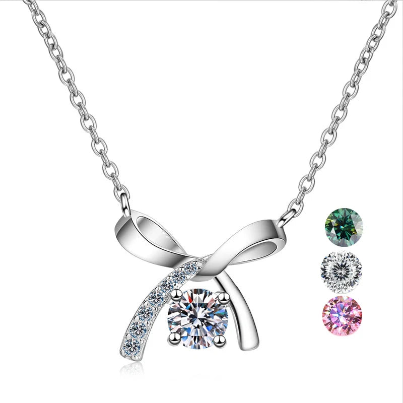 Wholesale Fashion Jewelry 925 Sterling Silver Bow Necklace 0.5CT Moissanite Diamond Pendant Necklace Girl Exquisite Gift