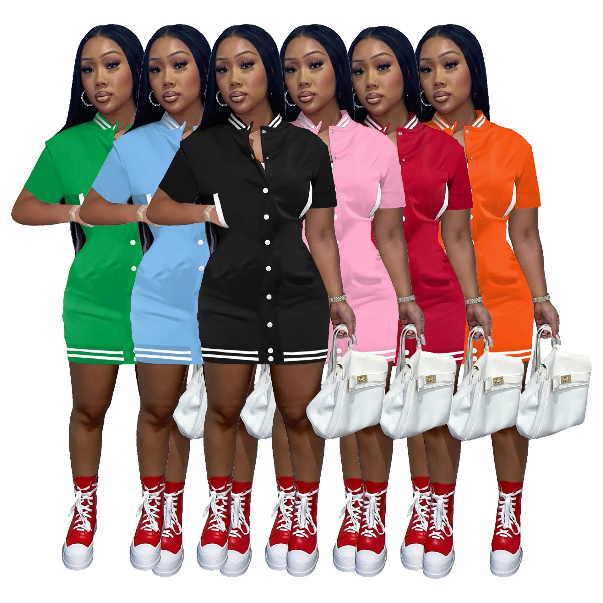 Cheap Casual Women Ladies Short Sleeve Dress Summer Varsity Jacket Baseball Dress Plus Size Women Custom logo Clothing