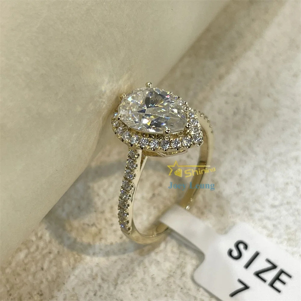 Women Jewelry Trendy Style Wedding Ring Pear Cut Halo 2CT S925/10K Solid Gold Moissanite Ring Engagement