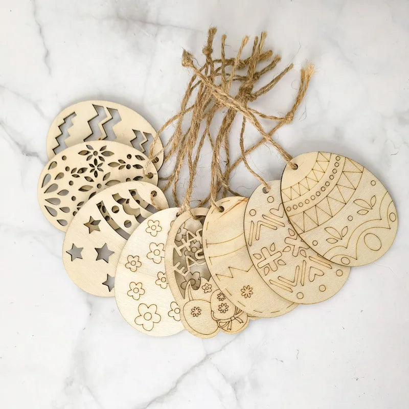 Wholesale Handmade Easter Wooden Egg with Hemp Rope DIY Rabbit Engraved Wood Chip for Holiday Party Decorations Dropshipping