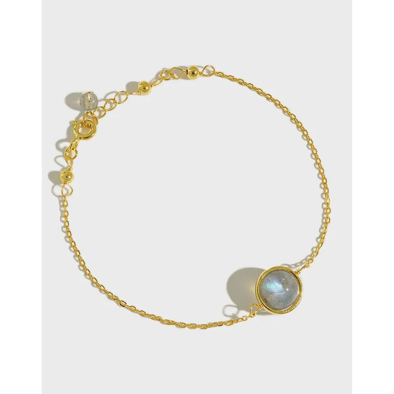 Hot Sale S925 Sterling Silver Gold Plated Moonstone Aquamarine Thin Stone Beads Natural Stone Bracelet