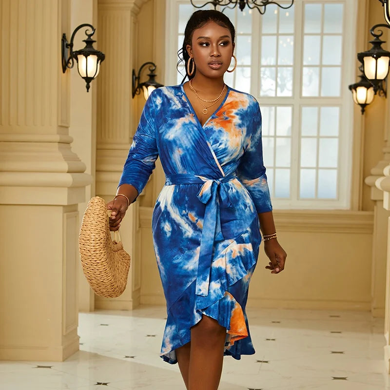 Summer Tie Dye Dress Print Ruffle Swing Skirt Belted Plus Size Women's Dress