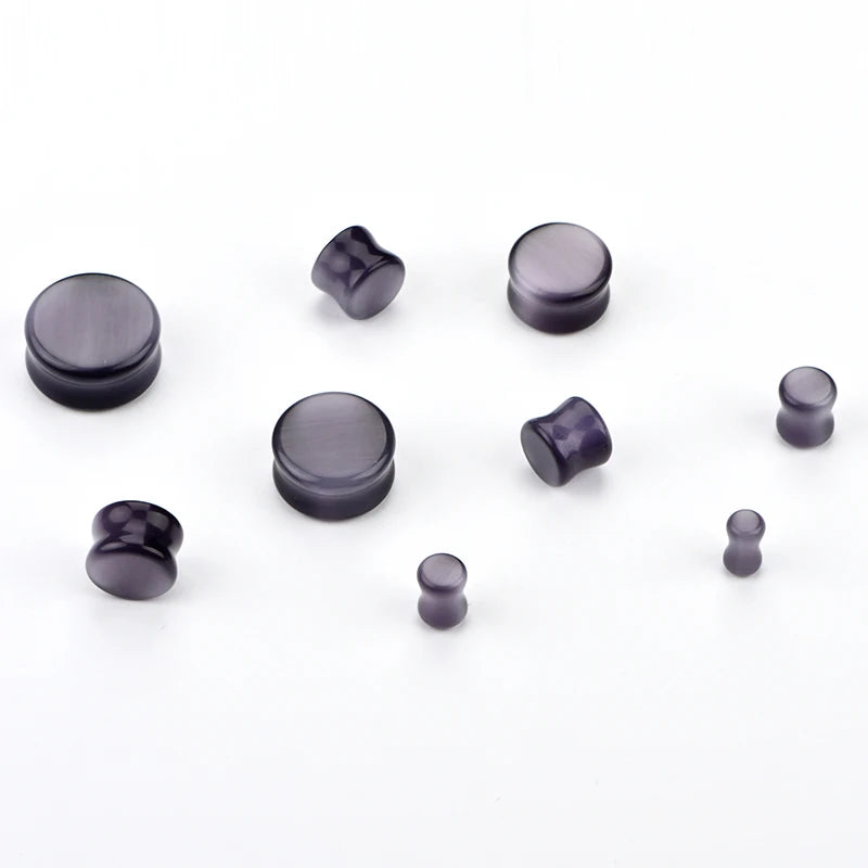 Customized Gemstones and Glass Are Available Grey Cat Eye Double Flare Ear Plug