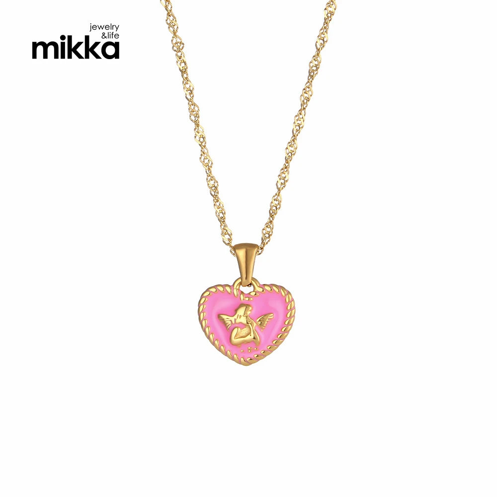 Stainless Steel 18k Gold Plated Epoxy Enamel Angel Heart Pendant Women Necklace Jewelry