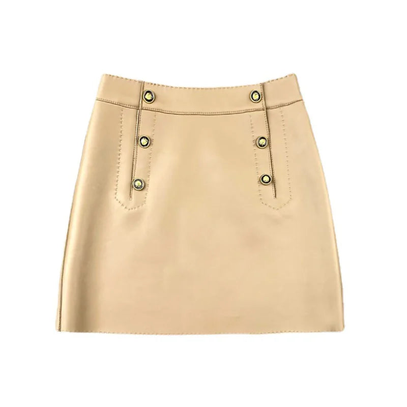 Jancoco Khaki White Solid Color High Waist Short Real Sheepskin Women Leather Mini Skirt