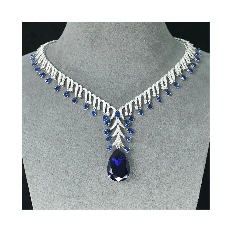 Luxury Design 20*30mm Big Blue Sapphire Zirconia Water Drop Pendant 925 Sterling Silver Wedding Necklace