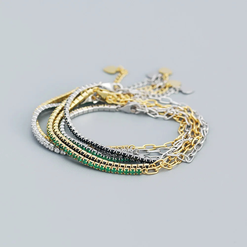 925 Sterling Silver Dainty Rectangle Green Zircon Half Tennis Half Paperclip Chain Bracelet for Women