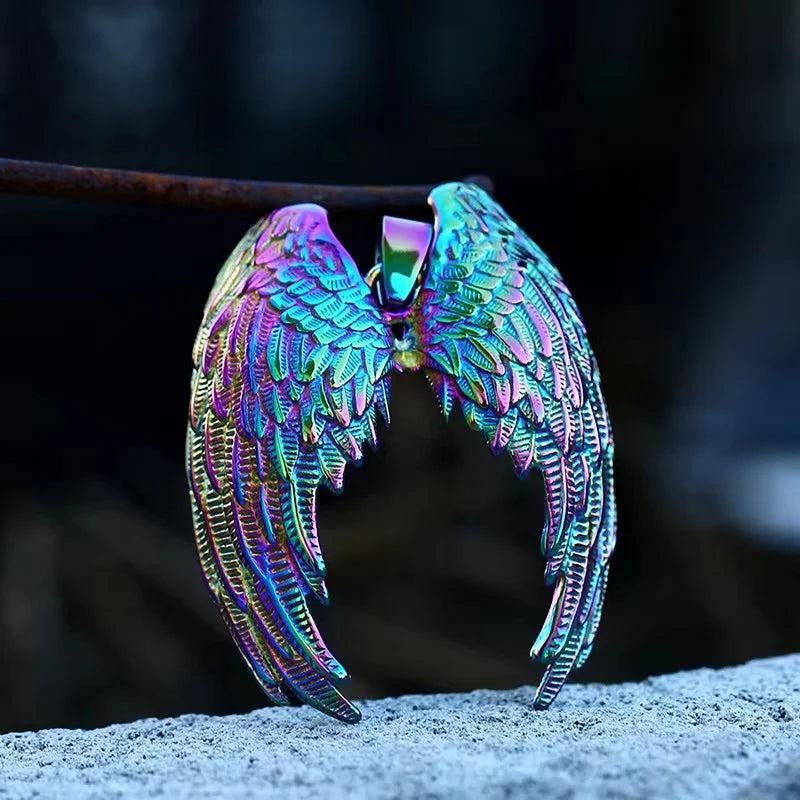 Wholesale Custom Design Motorcycle Guidance Angel Pendant Silver Gold rainbow Color Heart Angel Wing Necklace for Men Women