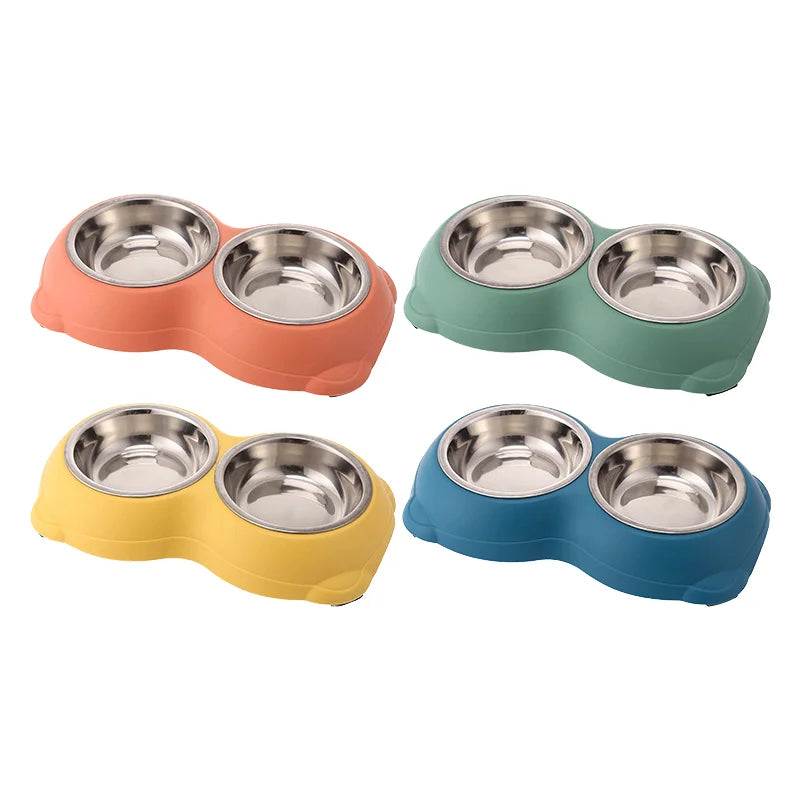 Dual Stainless Steel Pet Bowl Non-Slip and Non-Tip with Bottom Plastic Stand 2-in-1 Pet Feeder Essential Pet Supplies