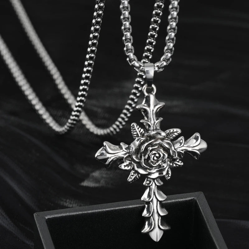 Religious Rose Cross Pendant Necklace Vintage Cross Newest Necklace Hip Hop Rose Charm Chain Stainless Steel Gold Plated