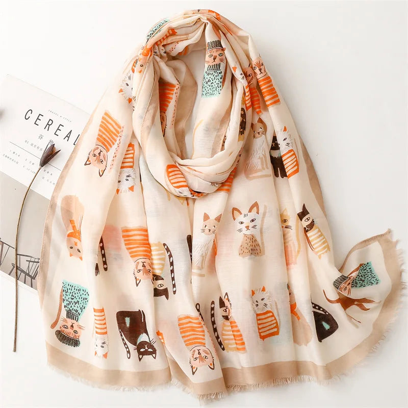 Latest Design Fancy Cat Pattern Cotton Scarves Shawls Women Long Large Cotton Head Scarf Luxury Animal Print Viscose Hijab Scarf