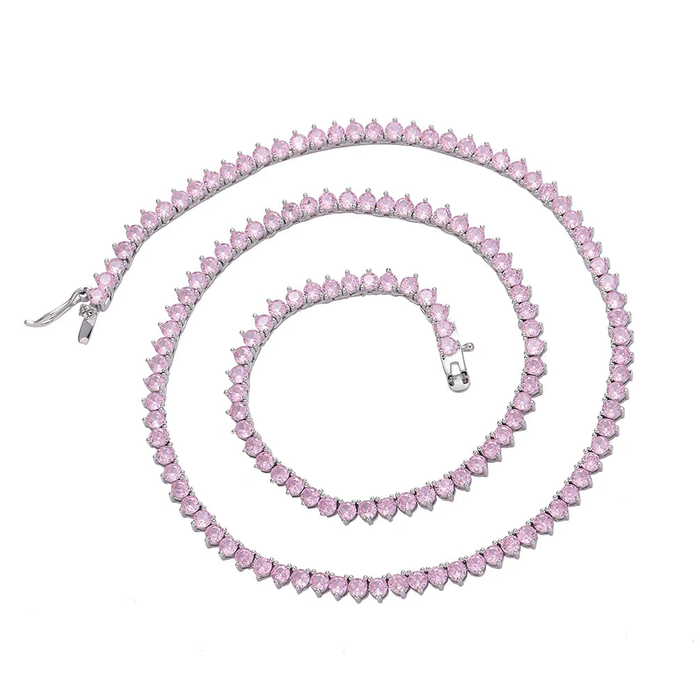 BC104  3mm 16" 18" Brass Setting Pink CZ 3 Prong Tennis Chain Necklace for Women