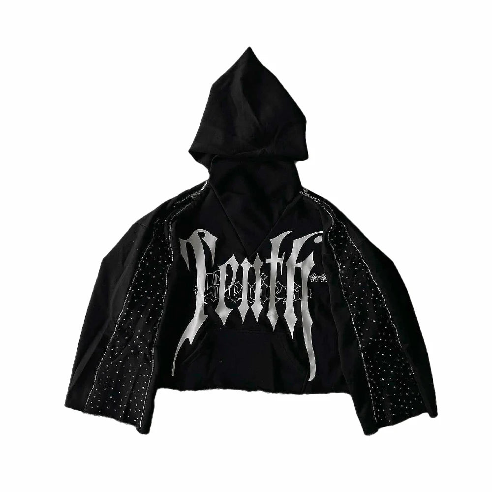 Custom logo High Quality Unisex Street Style 100% Cotton Autumn Casual Long Sleeve Knit Jacket Rhinestone and Print Hoodie