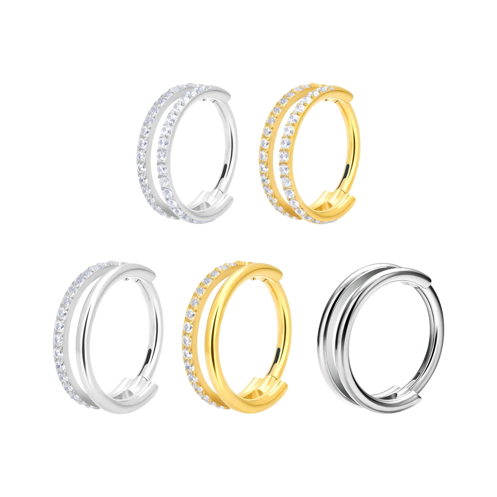 ASTM F136 G23 Titanium 16G Double Hoop Cubic Zircon Inlay Hinged Segment Nose Ring Women Body Piercing Jewelry