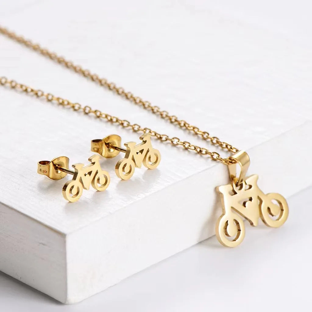 Stainless Steel 18K Gold Bike Charm Necklace Earrings Set Inspirational Cycling Bicycle Pendant Necklace Earrings Jewelry Set