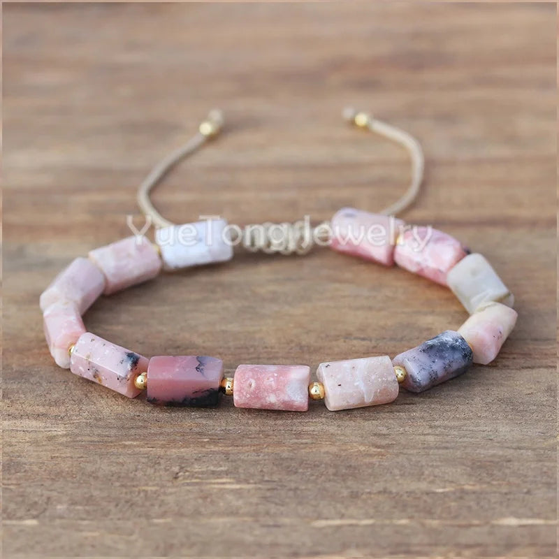 Handmade Natural Stone Cylinder Gemstone Beads Bracelet for Women Adjustable 18k Gold PVD Stainless Steel Boho Jewelry Wholesale