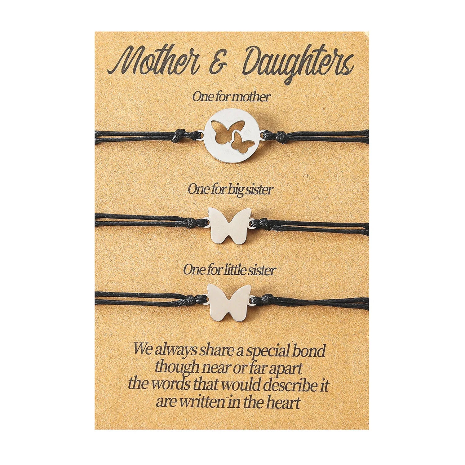 3pcs/set Mother's Day Gift Adjustable Wax Cord Knot Mother and Daughter Stainless Steel Charm Butterfly Bracelets Sets Jewelry