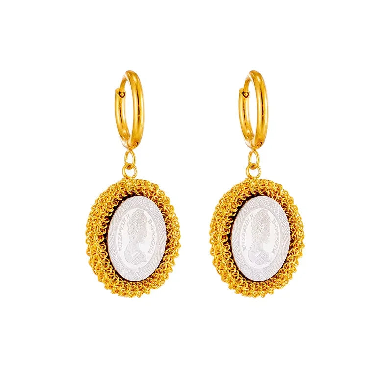 Fashion Chain Wrapped Oval Queen Head Avatar Pendent Earrings Creative Retro Popular Waterproof Stainless Steel Earrings Jewelry