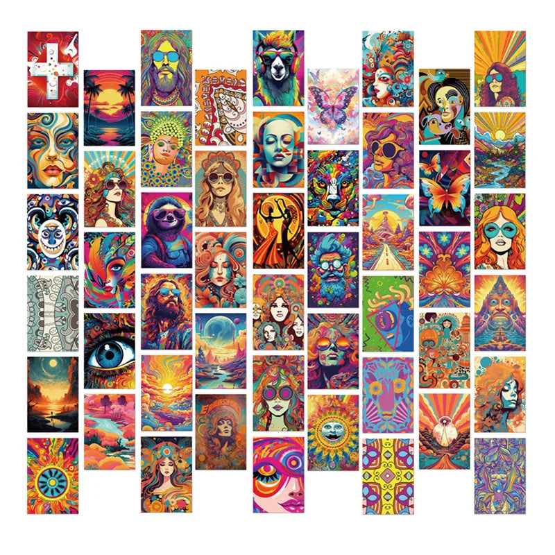 15CM 50PCS Cool Fashional Colorful Vintage Hippie Aesthetic Art Wall Collage Indie Trippy Poster