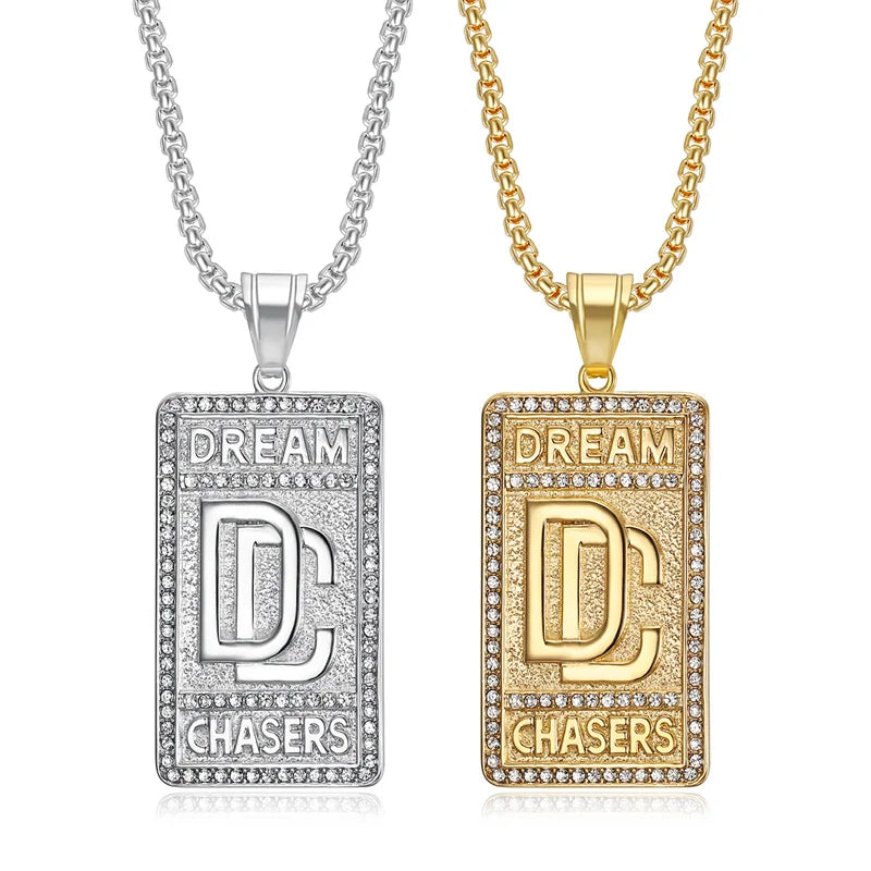 Unisex Stainless Steel Hip Hop Iced Out Jewelry Square PVD 18K Gold Plated Letter DC Zircon Pendant Necklace for Men Party Gift