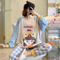 Autumn Female Long Sleeve Pajama Set Cute Cartoon Letter Floral Pattern Cotton Sleepwear Elastic Waist Comfortable Lounge Spring