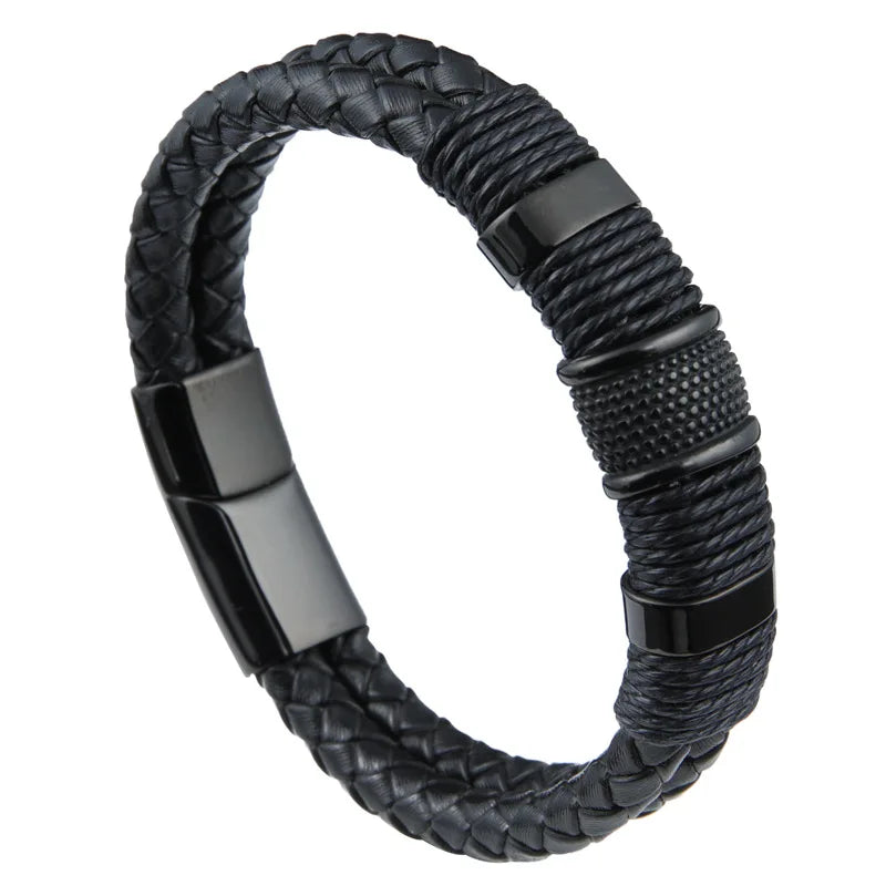 Holiday Gift Bracelet Jewelry Punk Stainless Steel Double Bracelet Wide Braided Leather Rope Bracelet for Women Men