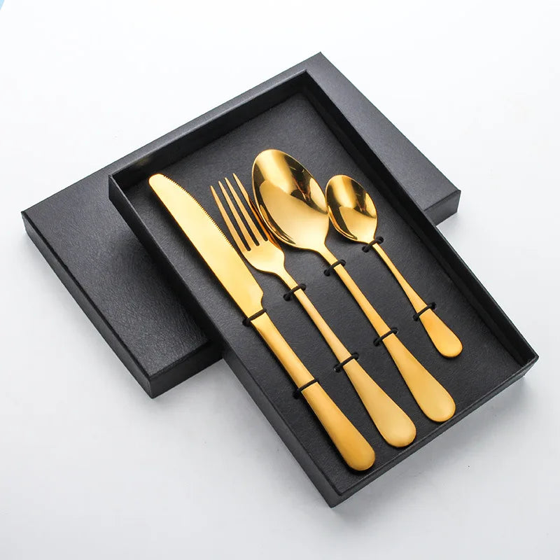 Wholesale Modern Flatware Knife Spoon Fork Gift Set Stainless Steel Gold Plated 4pcs Cutlery Set With Box