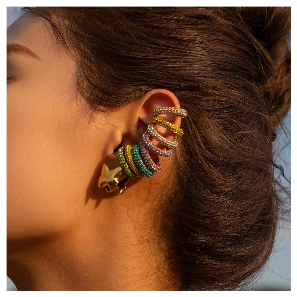 Luxury Stainless Steel 18k Gold Plated Ear Clip Full of Diamond Zircon Colorful Hypoallergenic Cuff Earrings for Women
