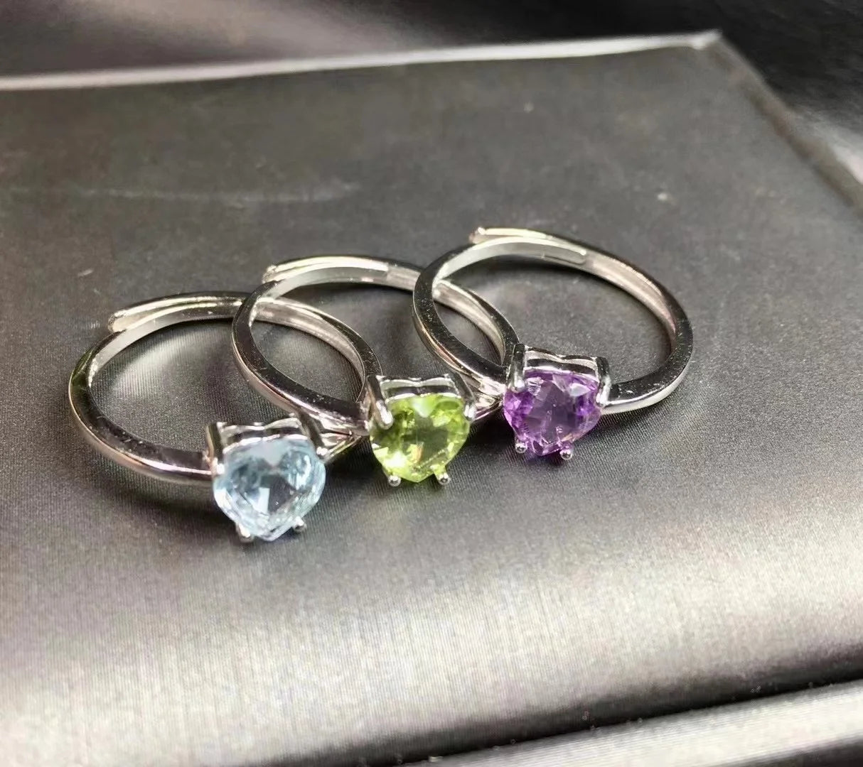 Fine Jewelry Natural Topaz Peridot Amethyst Heart 925  Sterling Silver Adjustable   Ring
