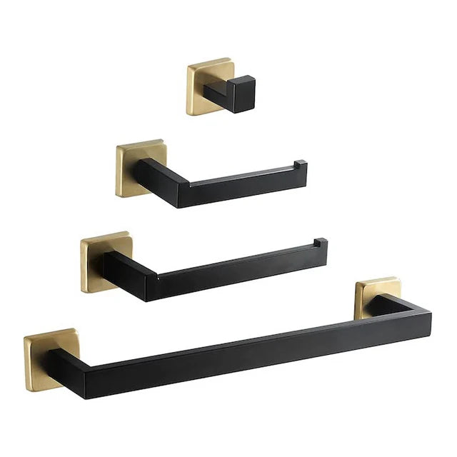 Modern Design Bath Towel Holder Wall Hanger Hook 4-Piece Hand Towel Bar Set in Black Gold Stainless Steel Surface Finishing