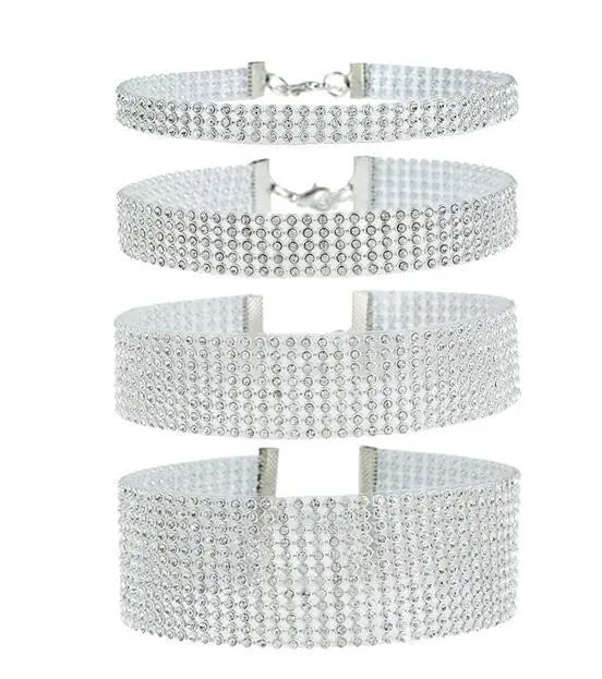 Super Flash Multi Row Rhinestone Choker Necklace Fashion Sexy Party Gold Silver Diamond Necklace for Women Girls Neck Jewelry