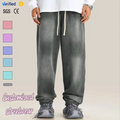 Custom Streetwear Straight Mid Waist Casual Eco-Friendly Heavy French Terry Cotton Grey Baggy Wide Leg Men Sweatpants