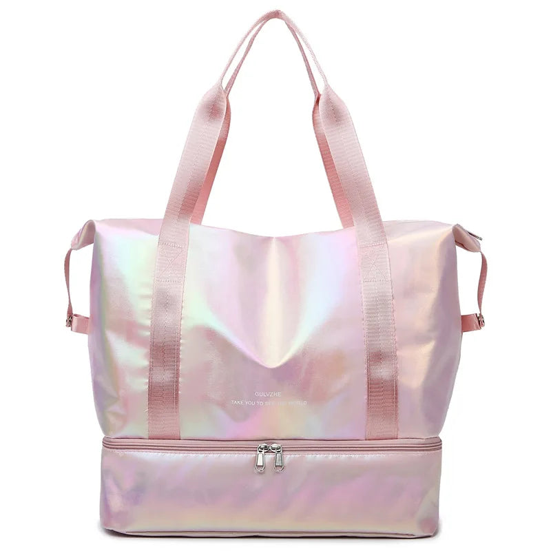Women's Nylon Foldable Travel Bag Fashion Shining Waterproof Gym Tote and Weekend Duffle Handbags with Zipper Closure