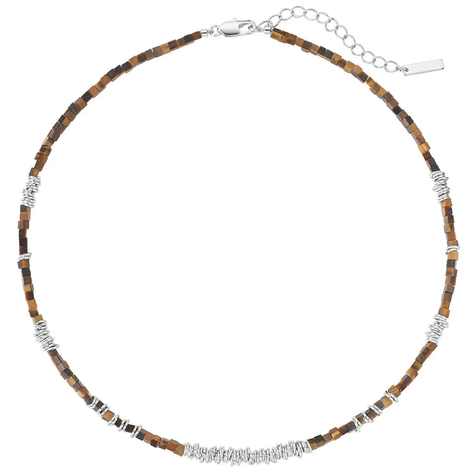 2024 New Cold Silver Tiger Eye Stone Beaded Chain Heart Necklace Stacking Universal Jewelry Customized