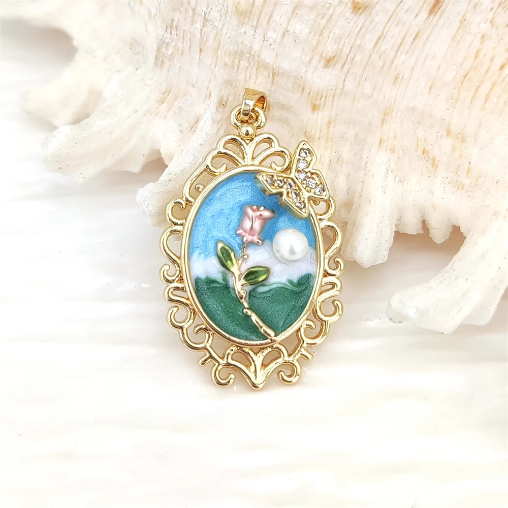 Luxury Women's Golden Square Freshwater Pearl Jewelry Pendants Colorful Oil Painting Style with Rose Butterfly & Charm