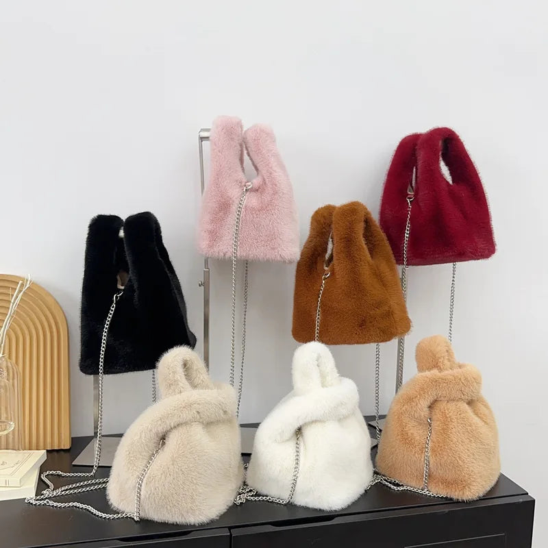 Fluffy Faux Mink Fur Bag Winter Tote Bags for Women Handbags Soft Warm Wrist Chains Shoulder Crossbody Bags Mini Clutch New