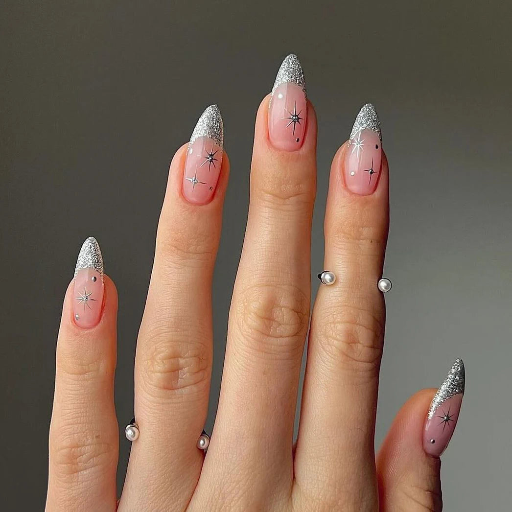 Custom Glitter Shinny Design Medium Almond Fake Artificial Nails Wholesale Christmas Luxury French Tip Soft Gel Press on Nails