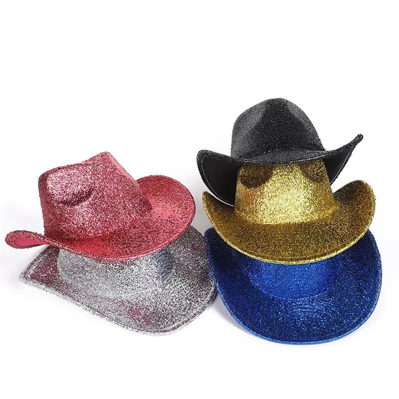 Festival Sparkly Glitter Fedora Cowboy Hats Western Golden Silver Colorful Party Hats Wide Brim Cowgirl Hats