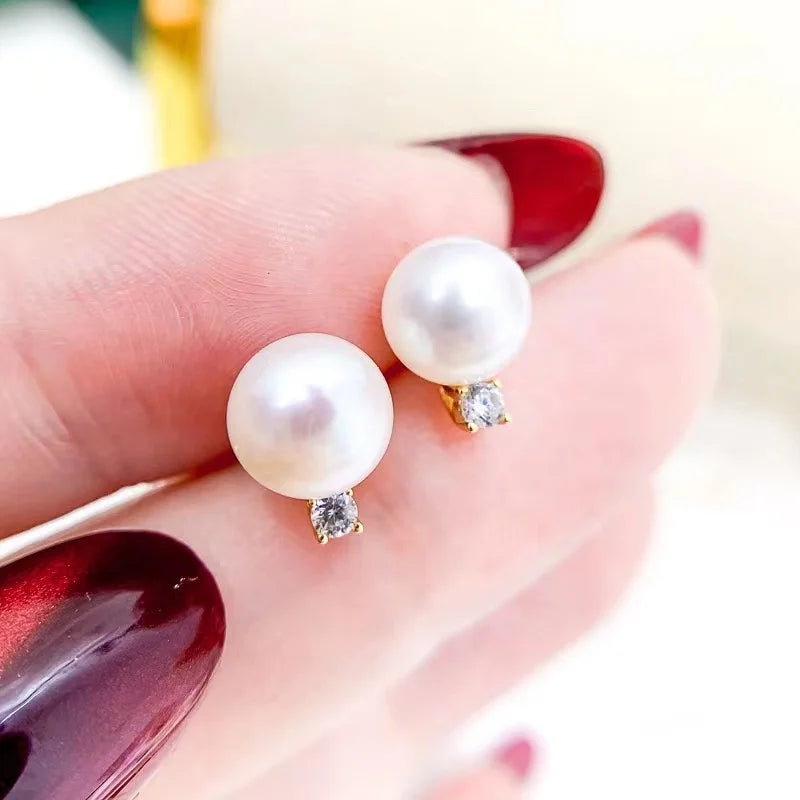 E1789 8-9mm DIY Natural Freshwater Pearl Charm Earrings Mounting Accessory 925 Sterling Silver Gold Plated  Jewelry for Women