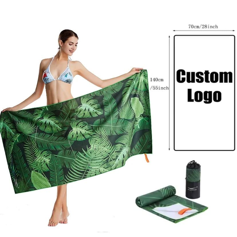 Wholesale Green Leaf Printed Summer Microfiber Light Weight Sand Free Quick Drying Beach Towel Custom