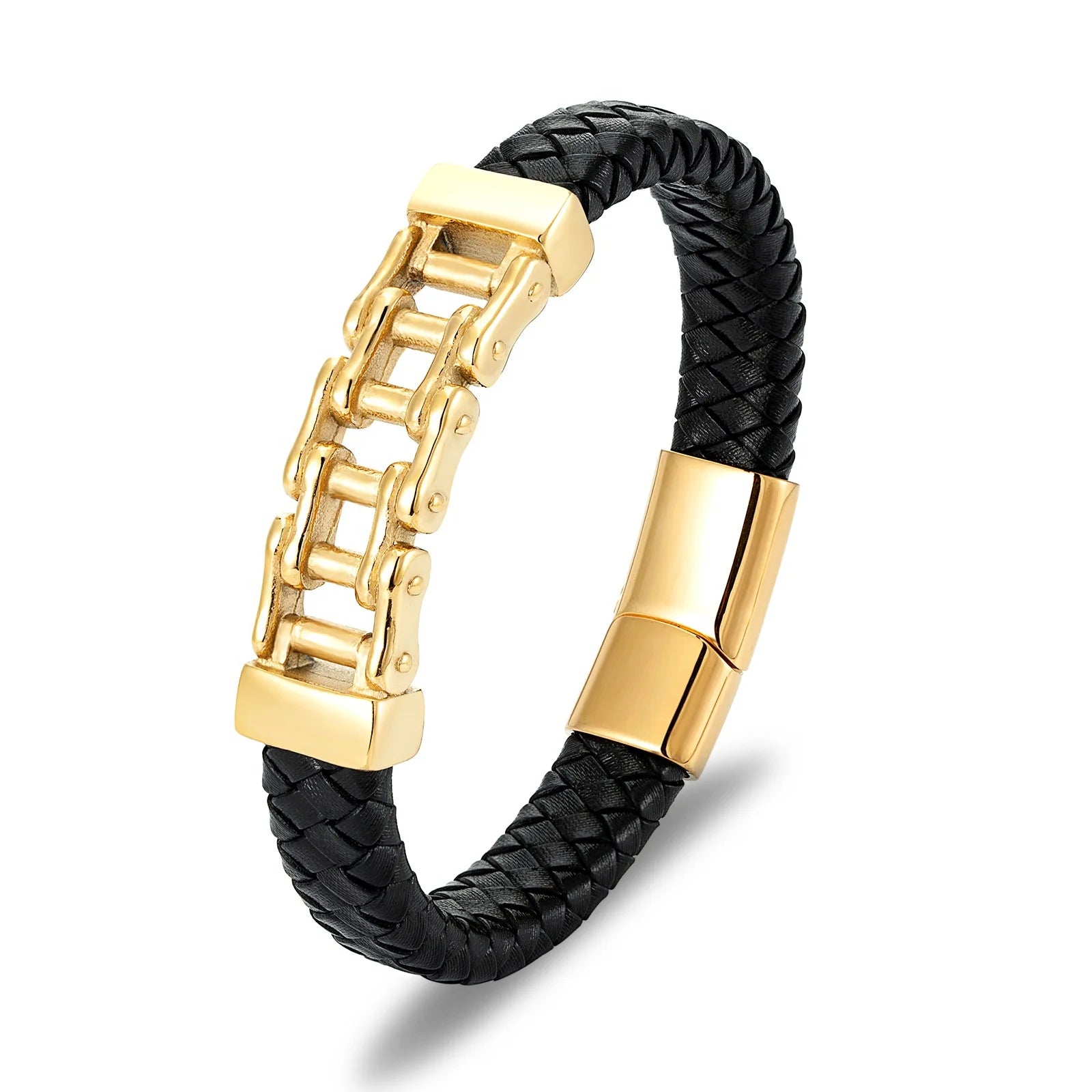 Men's Titanium Steel Braided Punk Stainless Steel Wind Wheel Magnetic Buckle Leather Bracelet