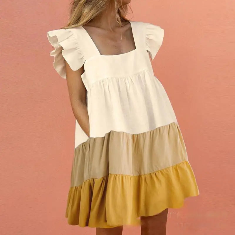 S-XXL Summer New Dress Fragmented Print Color Blocking square Neck Ruffle Edge Sleeve Solid Color Large Hem Dress