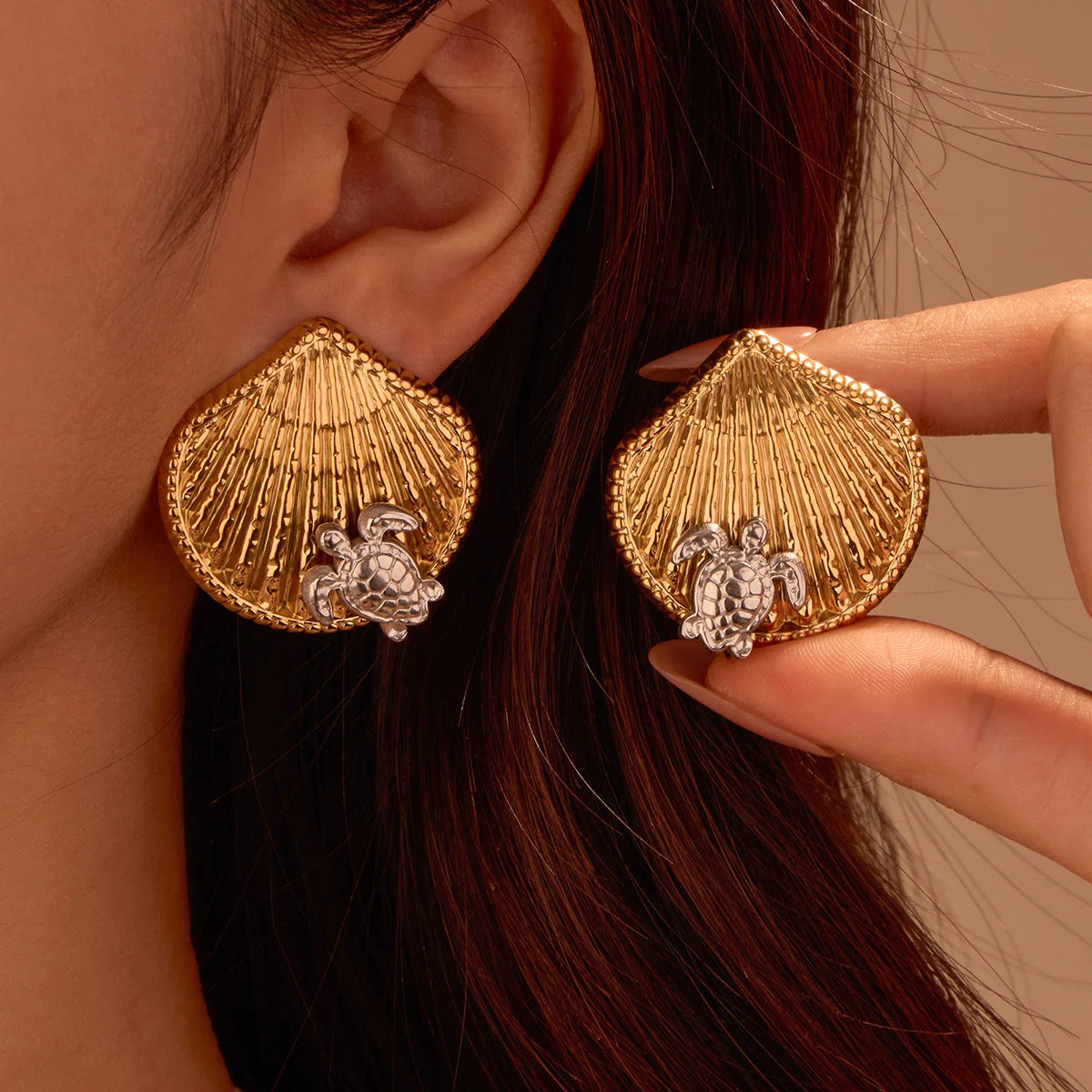 Summer Trendy Waterproof Stainless Steel Starfish Shell Earring Two Tone Jewelry Turtle Shell Pearl 18K Gold Stud Earring Ring