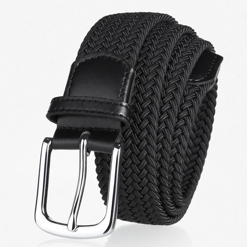 Classic Metal Buckle Adjustable Woven Fabric Mens Golf Belt with Braided Stretch Elastic