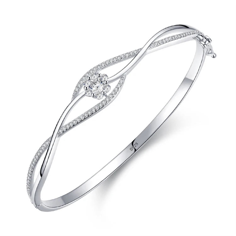 Simple Lines Cross Wave Cuff Bangles 925 Sterling Silver Flower Shape Diamond Bangles for Women Girls