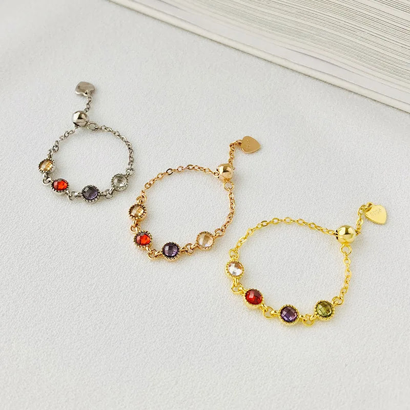 Luxury Colorful Zircon Chain Finger Rings French Design S925 Sterling Silver Adjustable Ring for Women Party