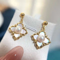 Silver Needle Anti Allergy Shell Gold Plated Drop Four-leaf Clover Earrings 6-7MM Natural Freshwater Pearl Women's Pearl Jewelry