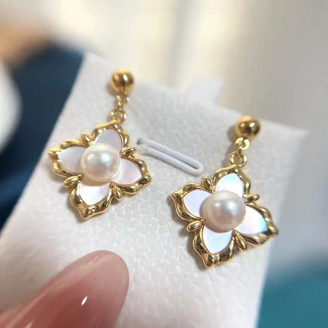 Silver Needle Anti Allergy Shell Gold Plated Drop Four-leaf Clover Earrings 6-7MM Natural Freshwater Pearl Women's Pearl Jewelry